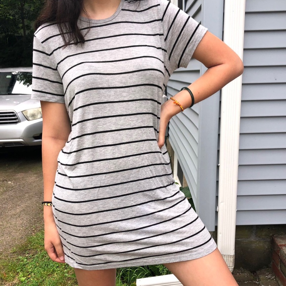 Gray and black striped t-shirt dress.